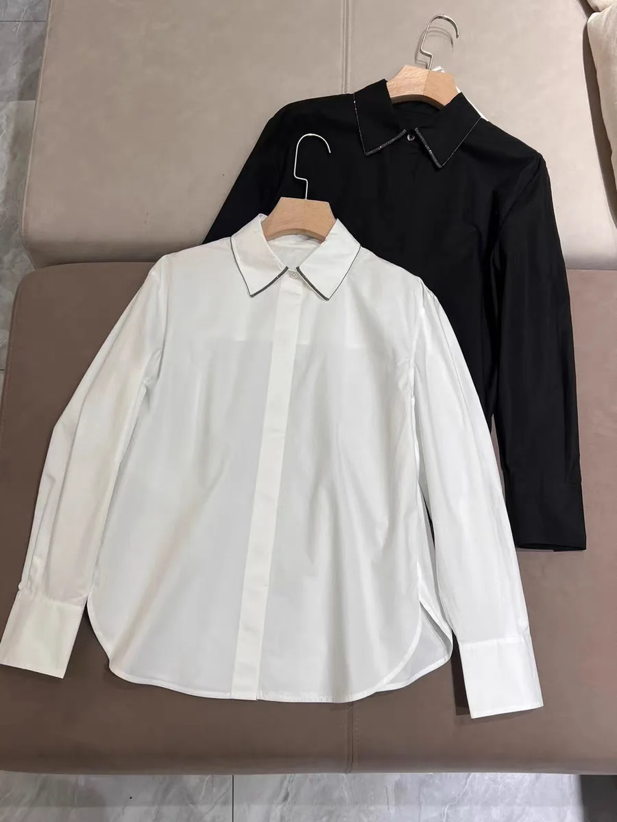 Women Beaded Trim Blouse White or Black Turn-down Collar Long Sleeve Single Breasted 100% Cotton Elegant Autumn 2024 Shirt