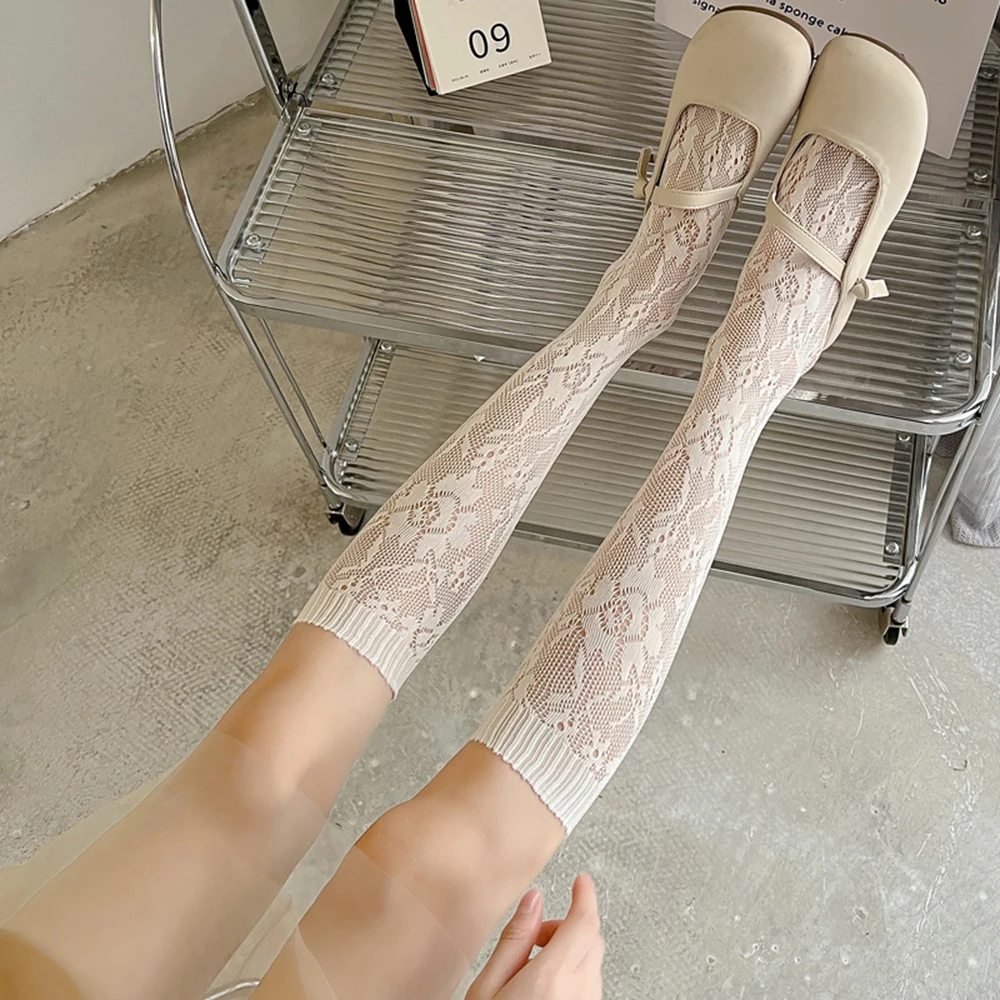 Women Retro Floral Lace Calf Socks Thin Hollow out Breathable Fashion Versatile Sexy JK  High Tube Knee-length Slouch Socks