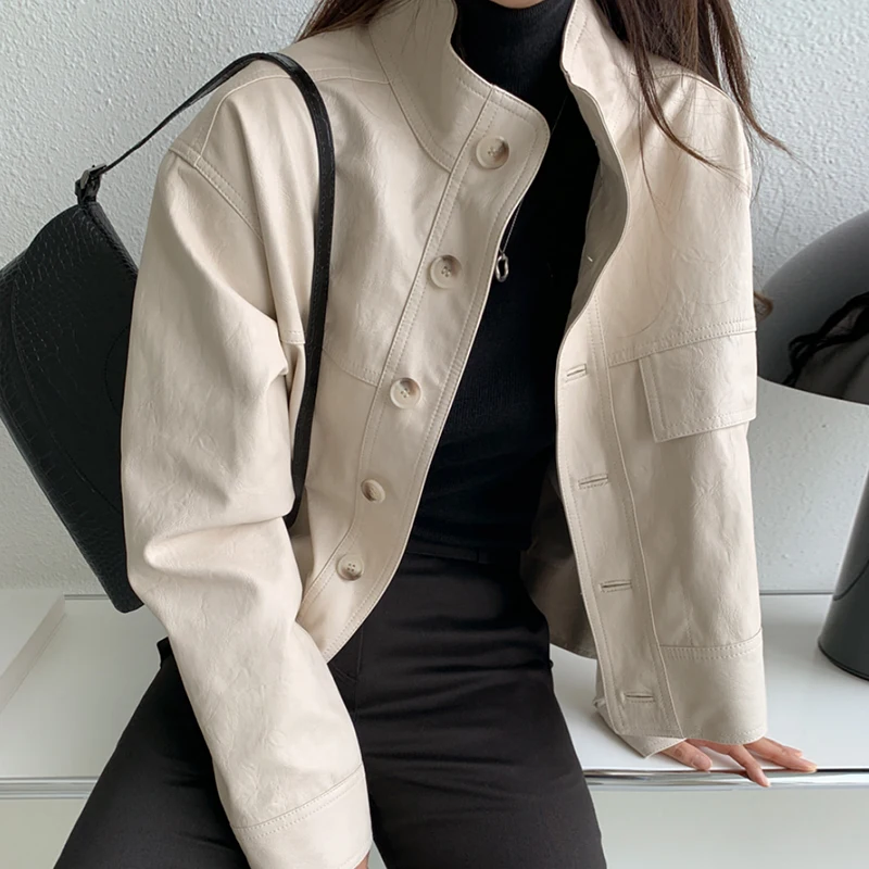 Korean Chic Autumn Simple Motorcycle Leather Coat Stand Collar Long Sleeve Loose Casual Streetwear 2024 LeatherJacket Tops Women