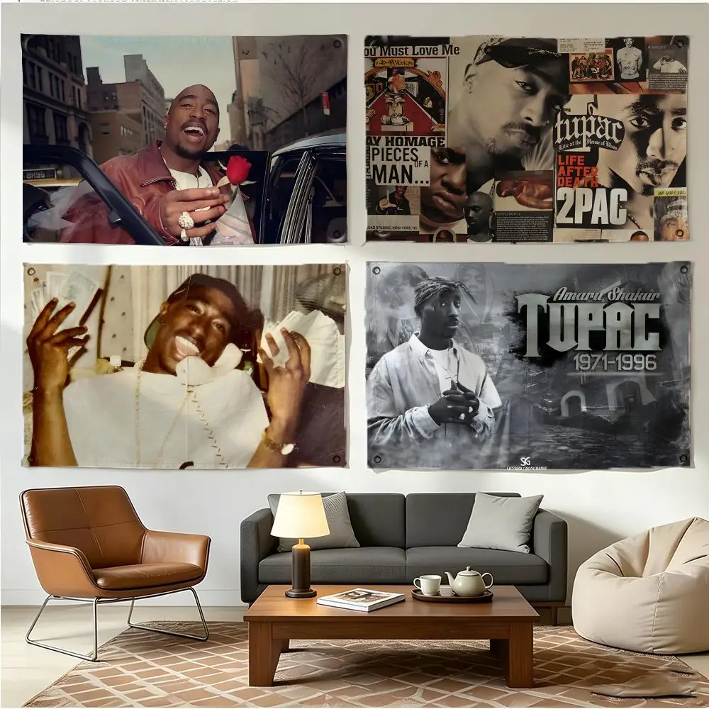 Singer HipHop 2Pac Flags Four Ring Borderless Art Decor Indoor Outdoor Use Simple Hang And Install