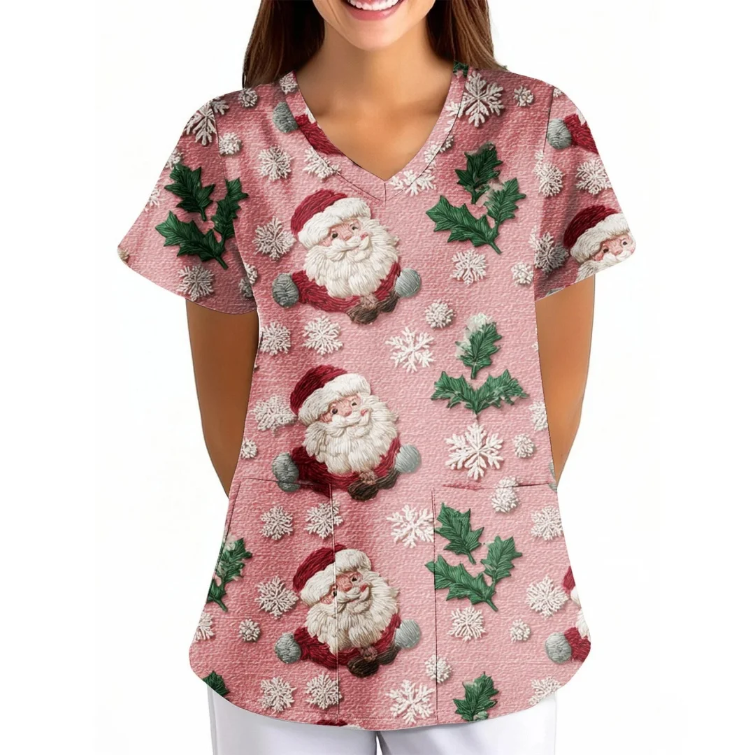 Uniforme clínico mulher rena papai noel impressão natal com decote em v esfrega mulher moda manga curta uniformes cirúrgicos mulher topo