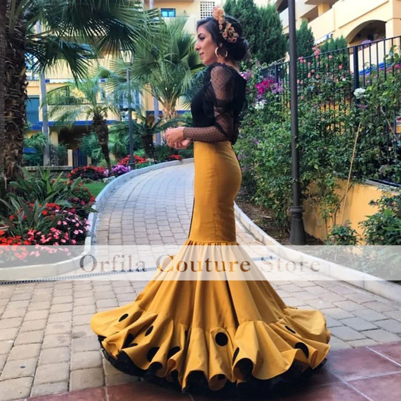 Customized Flamenco Prom Dress Yellow Black Dot Mermaid Evening Gowns Long Sleeve V Neck Formal Dance Party Wear