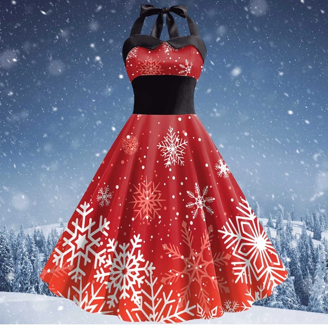 Red Christmas Snowflake Elk Print Halter Dresses for Women Sexy Backless Cocktail Party Dress 50s 60s Pin Up Rockabilly Dress AliExpress 200000345