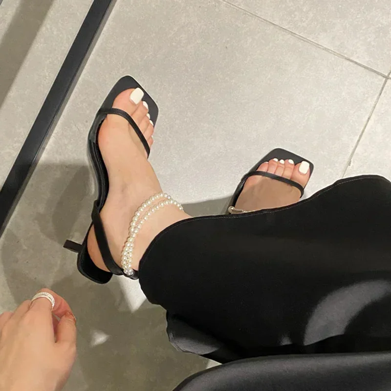 Sandali con tacco alto argento donna eleganti perle cinturino alla caviglia scarpe da festa donna moda punta quadrata sandali con tacco Mujer