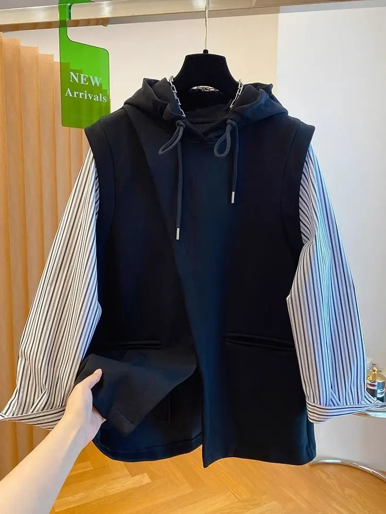 Irregular Shirt Patchwork Two Women's Hooded Hoodies Y2k Sweatshirt Korean Autumn Clothes Spring Sudadera Mujer Sweatshirts