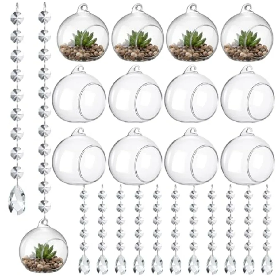 

56 Pcs 3.15'' Hanging Glass Tealight Holder Globe with K9 Crystal Garland Strands, Teardrop Pendant Hanging Tealight Candle Hol