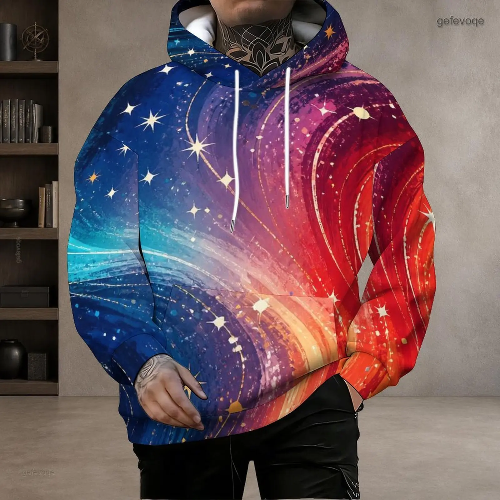 Men Printed Red Blue Cosmic Galaxy Star Pattern Pullover Hoodie Long Sleeve Drawstring Hood Kangaroo Pocket