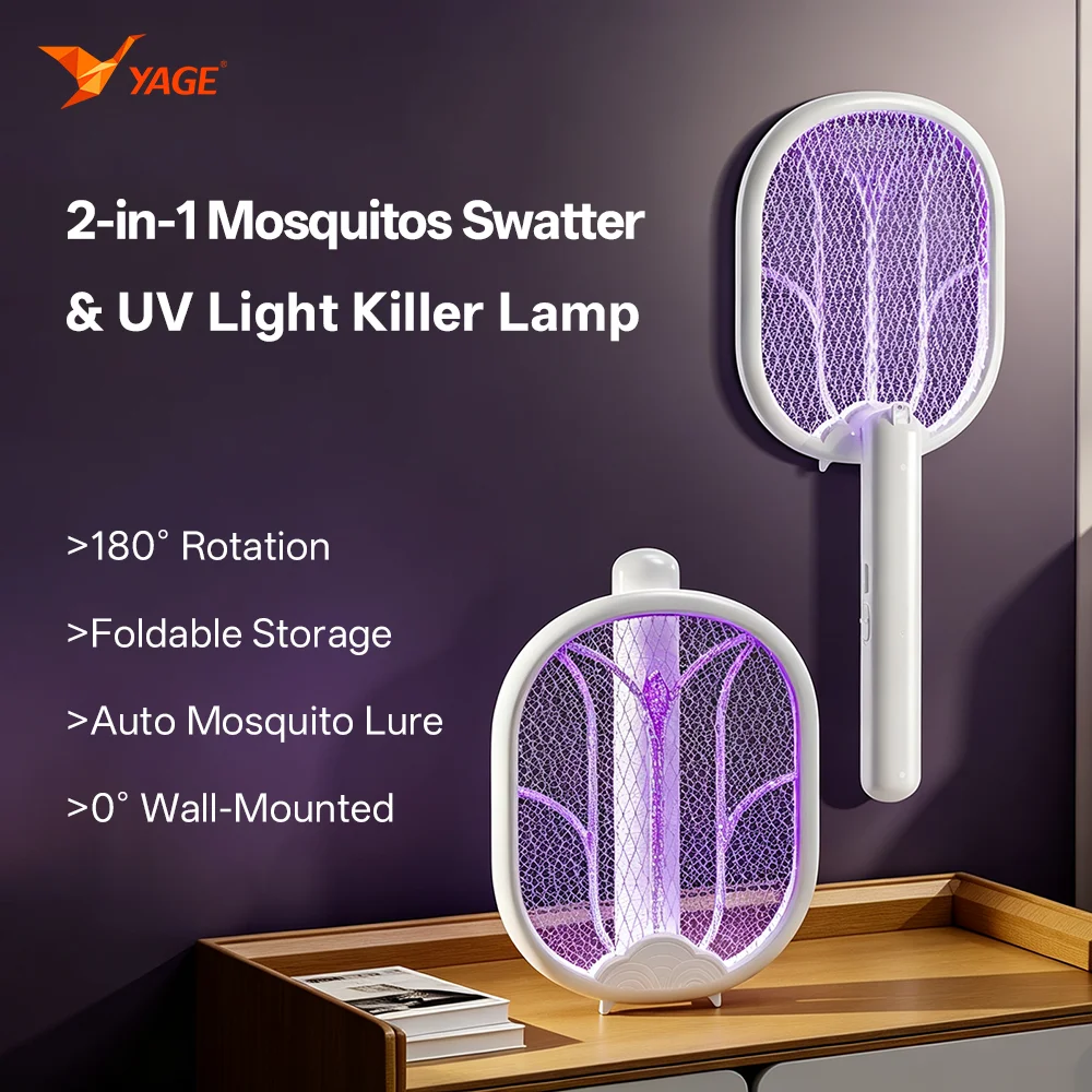 Image of YAGE Elektrischer Mückenschläger Faltbarer Fliegenkiller mit Lampe 3500V Leistungsstarker Insektenvernichter 0 ° Wandmontierter Schädlingsvertreiber