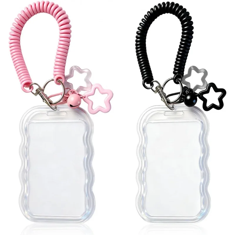 2 Pack Cute Photocard Holder Keychain Kpop Photo Card Holder, Transparent PC Holder with Star Wave Design for Bus Student Card,