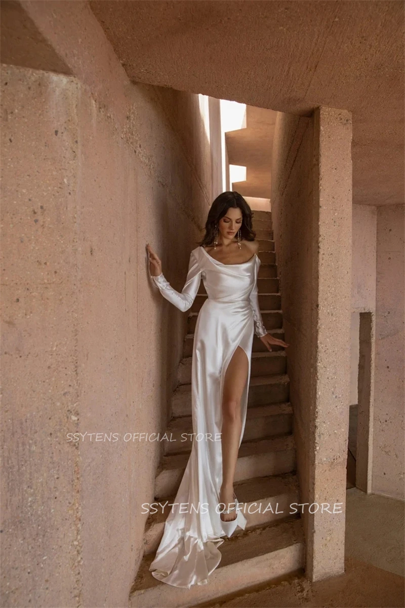 Elegant Simple Mermaid Wedding Dresses 2024 Long Sleeves Side Split Beach Bride Dress Customized Off Shoulder Civil Bridal Gowns