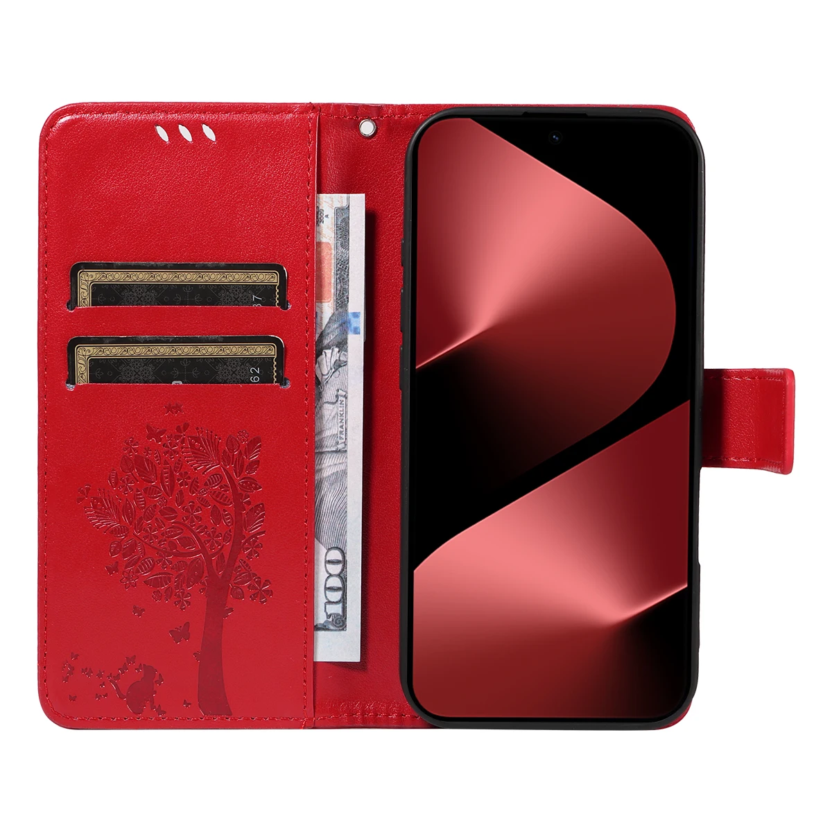 Para Huawei Pura 80 Pro + / Huawei Pura 80 Pro Capa de telefone com suporte Cat Tree Padrão Carteira de couro Capa móvel - Vermelho