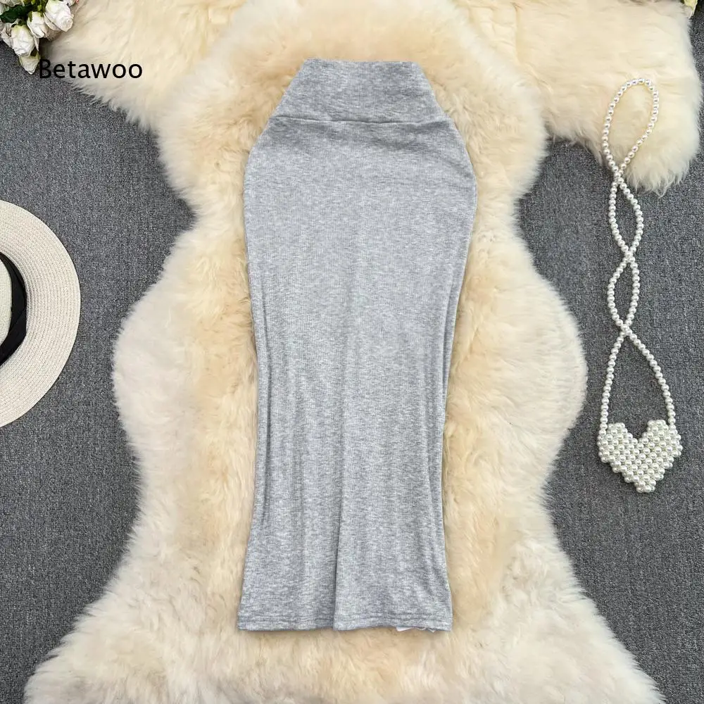 Plain Ribbed Knit High Waist Split Detail Midi Bodycon Skirt