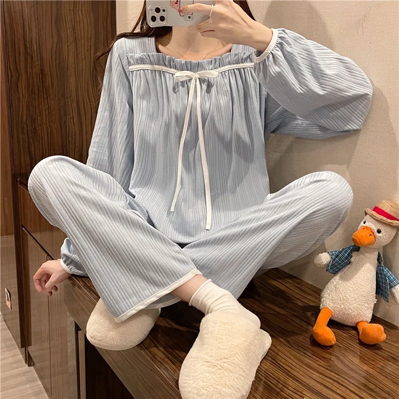 Women\'s Spring and Autumn Pajamas Set Women\'s Long-Sleeved Long Trousers Pajamas Homewear Sweet Leisure Homewear Loose Set