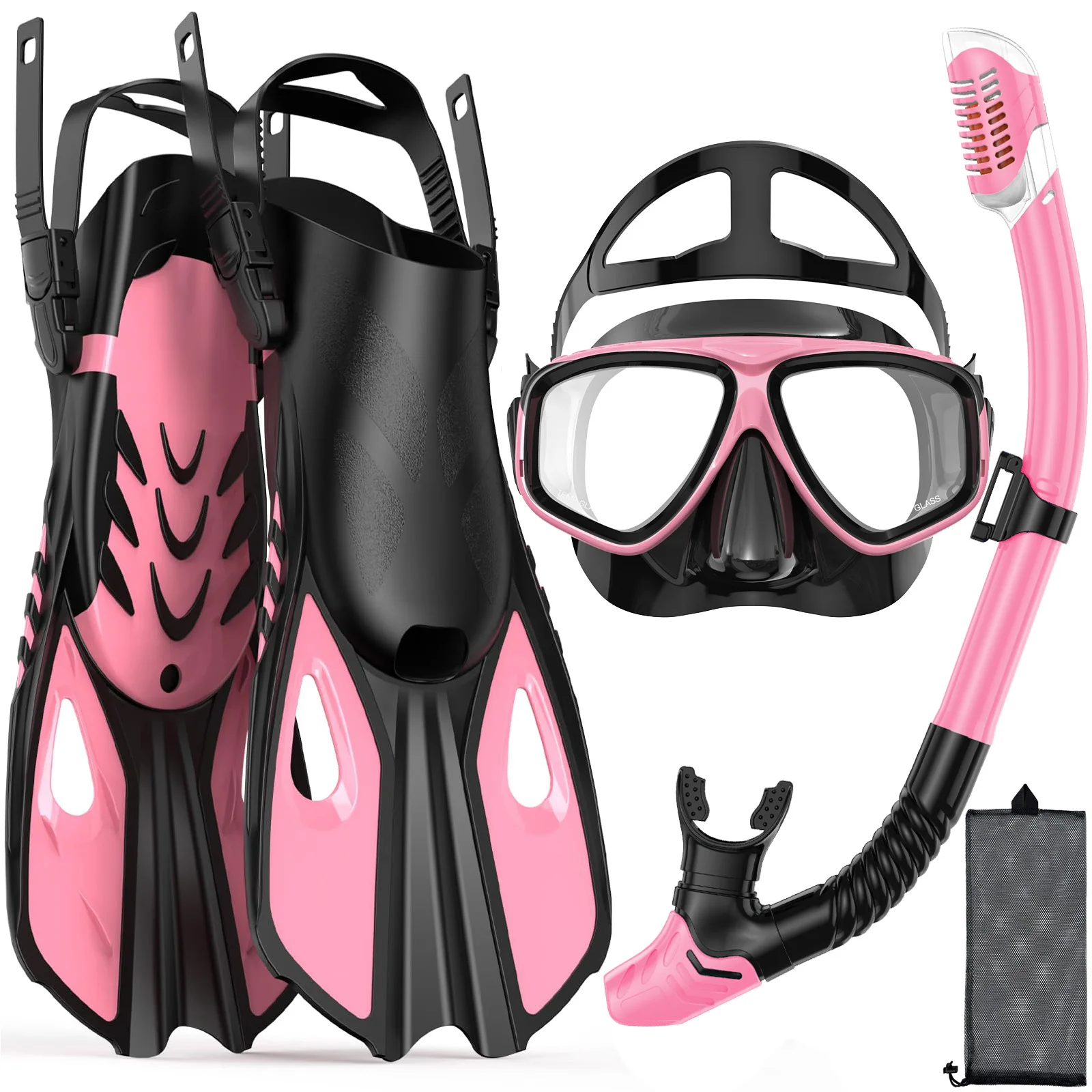 Maskenflossen, Schnorchelset, 4-in-1, Panoramablick, Trockenoberteil, verstellbar, kurze Tauchflossen, Reisetasche, Tauchausrüstung, Tauchen, Schwimmen, Erwachsene – Detail 14
