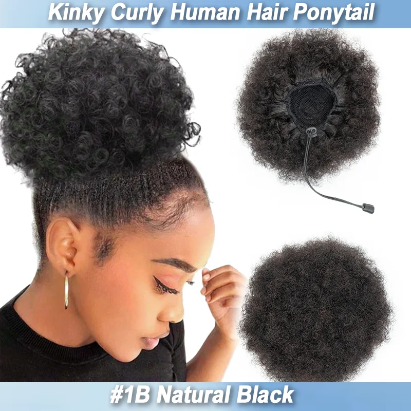 Kinky Curly Human Hair Ponytail Afro Puff Drawstring High Bun HairPiece Clip in on Updo Extensions for Black Women Easy To Wear