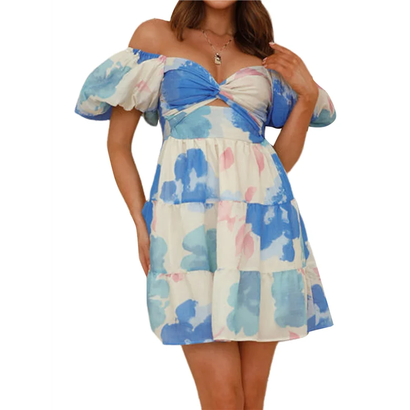 ABRT-Damen-Minikleid mit Boho-Blumenmuster, bauschig, kurzärmelig, Ausschnitt, V-Ausschnitt, lässig, langes Strandkleid