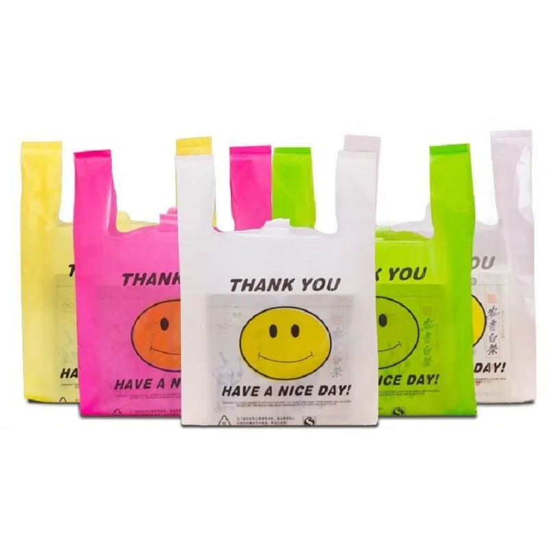 50pcs/Lot Supermarket Plastic Bags , Transparent Shopping Bag Handle Fruit Food Packaging Carry Out Bags