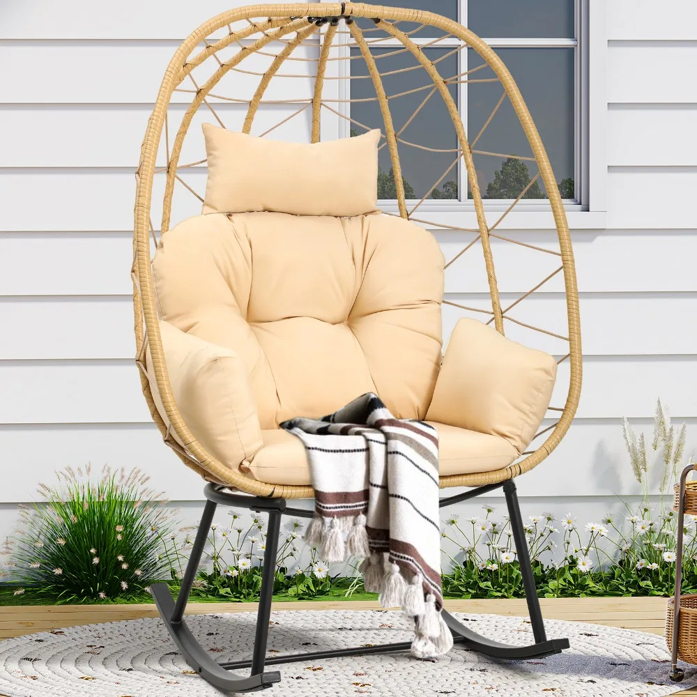 

Wicker Rocking Egg Chair Patio Resilient Lounger w/Cushioned Outdoor