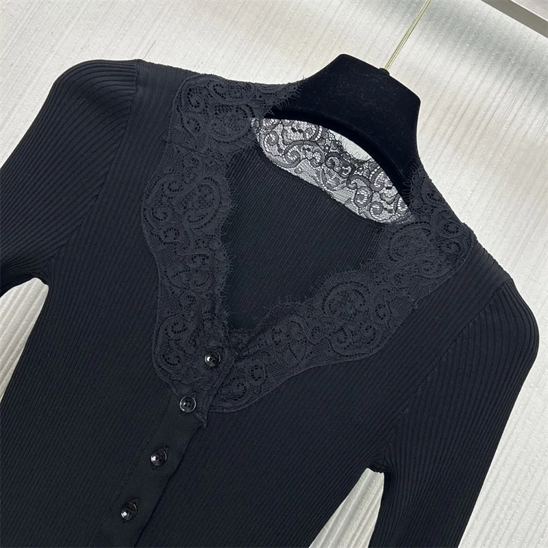 

Cardigan for women New winter 2025 single breasted slim fit long sleeved top Lace patchwork V-neck women's sweater women's tops