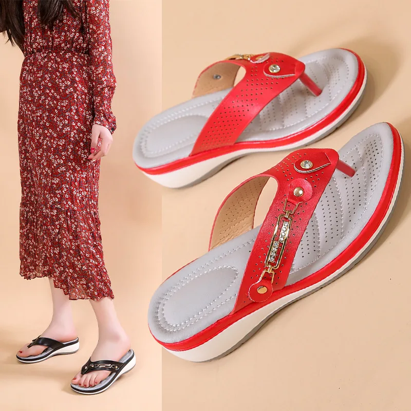 Red Women's Slippers 2024 Summer Shoes for Women Fashion Button Platform Footwear Lightweight Beach Flip Flops босоножки женские