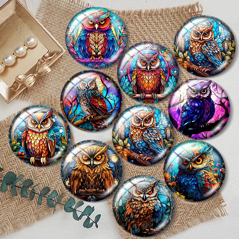 

Colorful watercolor owls 12mm/16mm/18mm/25mm Round Photo Glass Cabochon Demo Flat Back Making findings