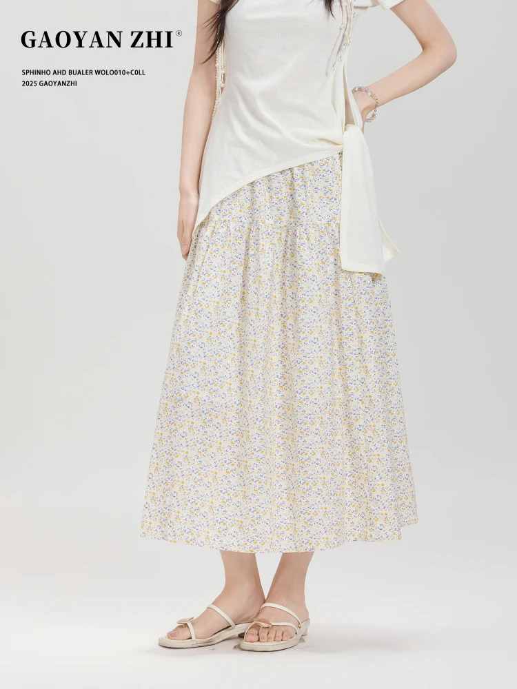 

Юбка миди с завышенной талией и цветочным принтом, женская летняя новинка, облегающая, А-силуэт, милая и элегантная