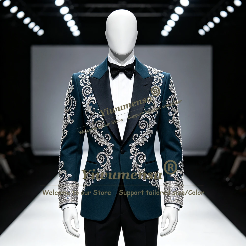 Hand Stitched Beadwork Wedding Suit For Man Black Peak Lapel Jacket Pants 2 Piece Sets Groom Business Party Tuxedo Attire Slim