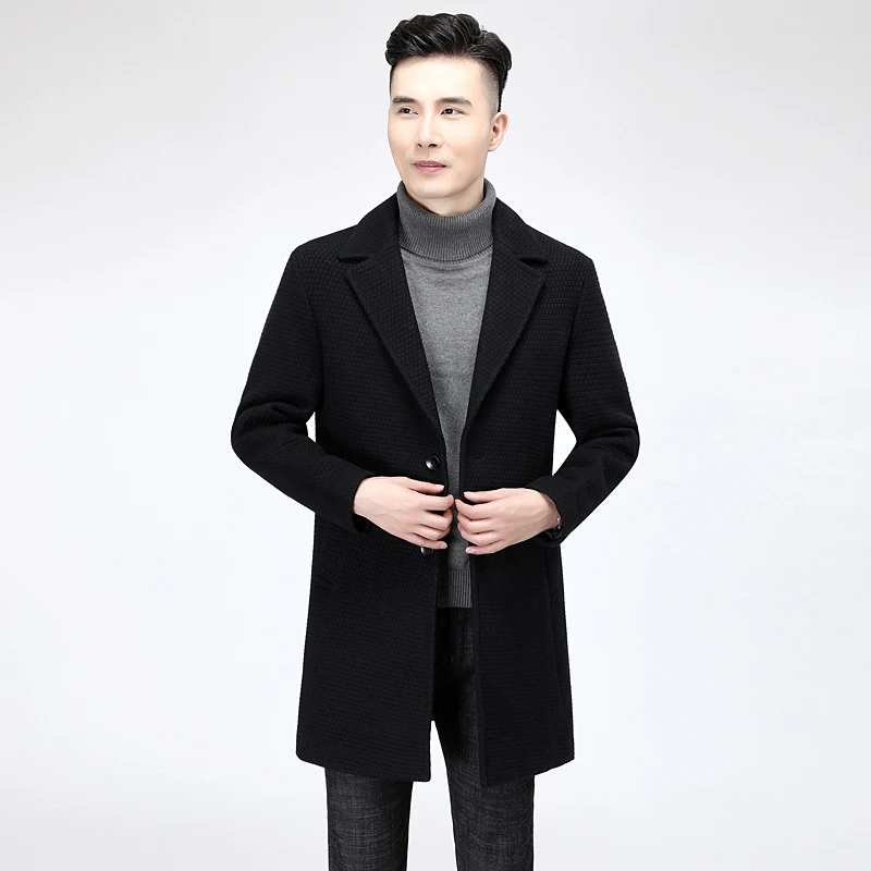 Quality Casual Men Autumn Winter 35%Wool 65%Cotton Blend Woolen Coats Black Mid-Long Top Jacket Windbreaker Outerwear Overcoat