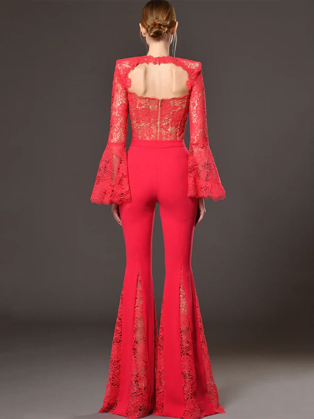 Modphy Women Red Red lace flared pants Full Length Jumpsuit Sexy Perspective Lace Splicing Fashion Celebrity Party Jumpsuits