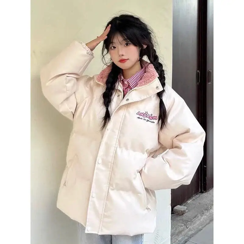 

Korean Style Winter Girl's Student Cotton-Padded Jacket Thicken Printing Pu Leather Women's Letter Cotton Puffer Jacket Coat Top