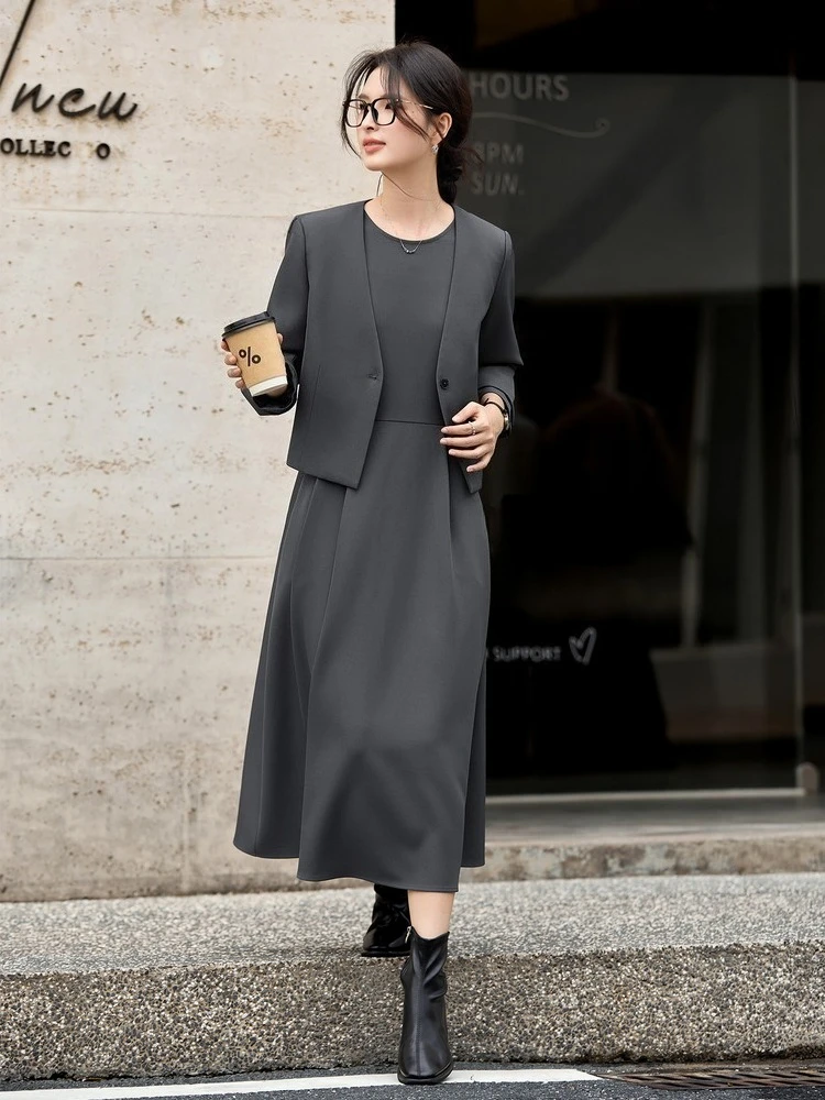 Vimly feminino outono duas peças vestido conjunto usar para trabalhar cinza em torno do pescoço sem mangas vestido longo com decote em v casacos curtos vestido conjunto a3031