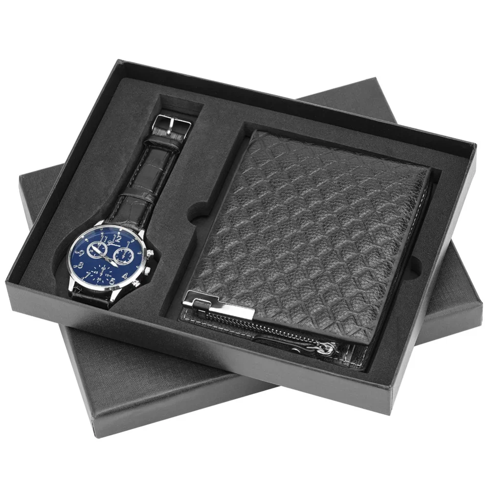 2 Pcs/Set Fashion Mens Watches Set Exquisite Gift for Husband Men Gift Set for Birthday with Boxes Quartz Watch Leather Wallet