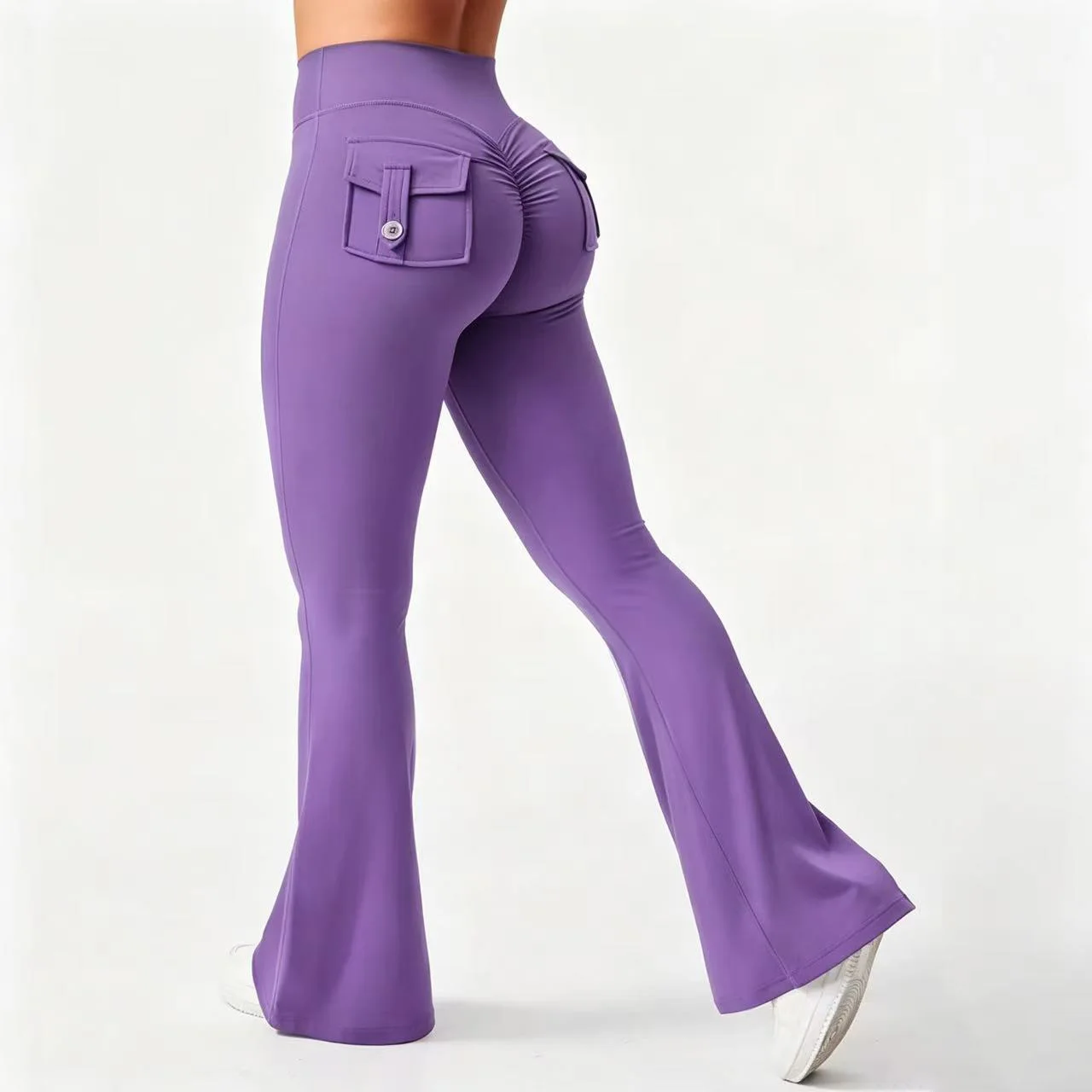 Damen Cargo-Taschen Flare Yoga-Hose mit hoher Taille, Po-Lifting-Effekt, dehnbare, schmale Bootcut-Leggings für Workout, Fitness, Sport und Freizeit – Detail 14