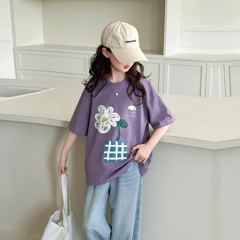 Summer Children's Oversize t-shirt Faction Purple Floral graphic t shirts For Girls T-shirt Short Sleeve Kids Girl Clothes Tops