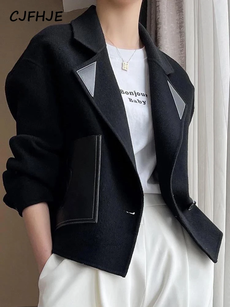 

Jackets Women Loose Turn-down Collar Wool Coat Solid Casual Pockets Single Button Black Coats and Jackets Women Winter 2022