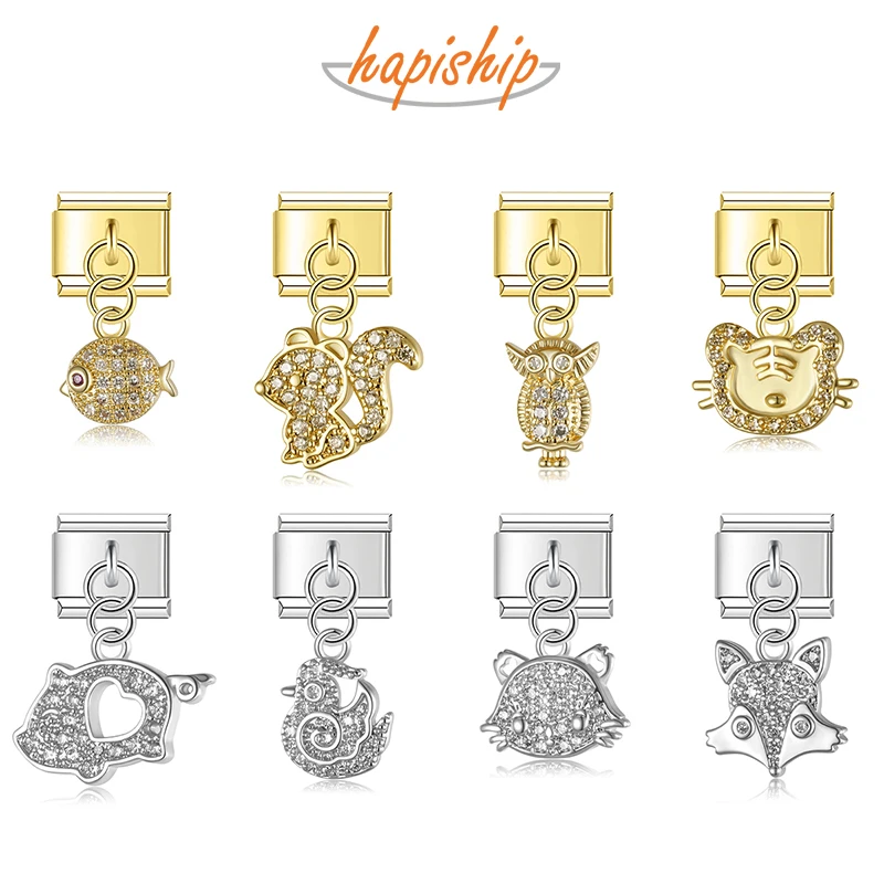 Hapiship Animal Owl Pig Fox Cat Chicken Italian Charms Fit 9mm Stainless Steel Bracelet Jewelry DJ1926
