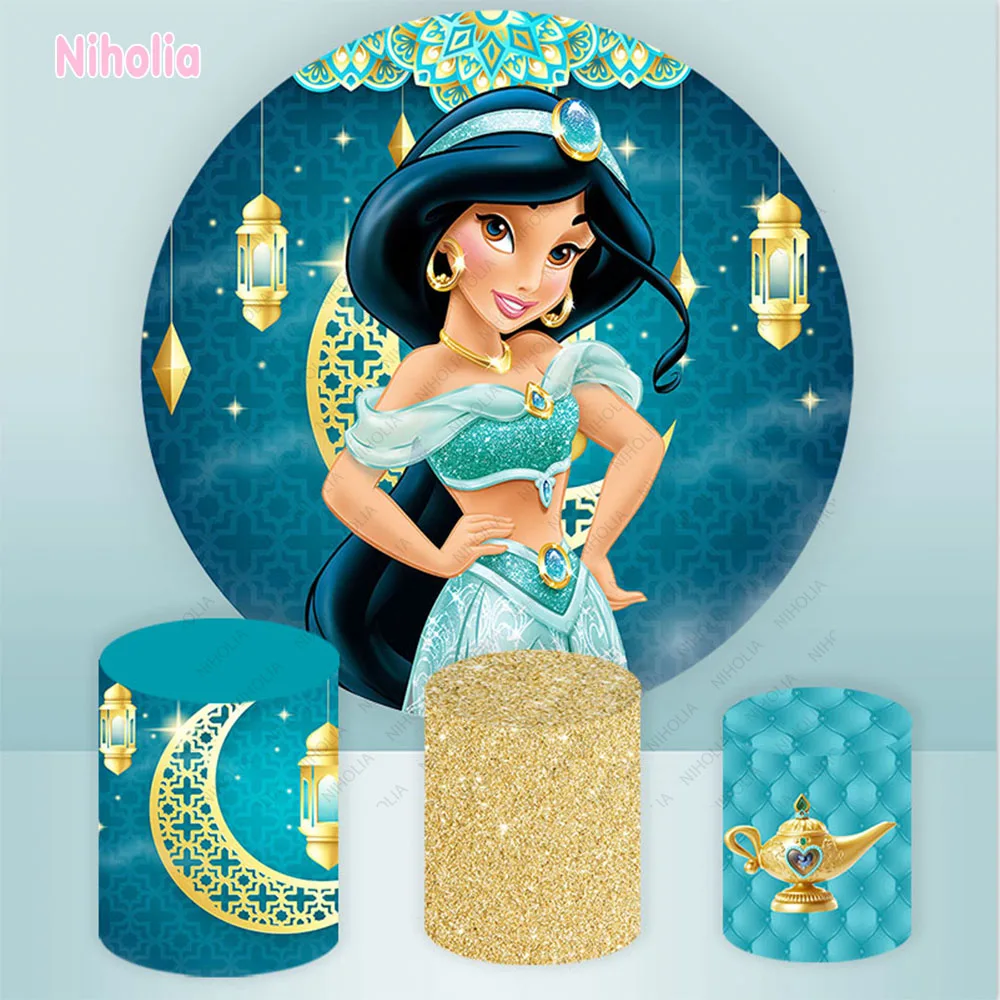 Jasmine Princess Aladdin Party Backdrop Girl 1st Birthday  Baby Shower Round Photography Background Plinth Covers Elastic Decor