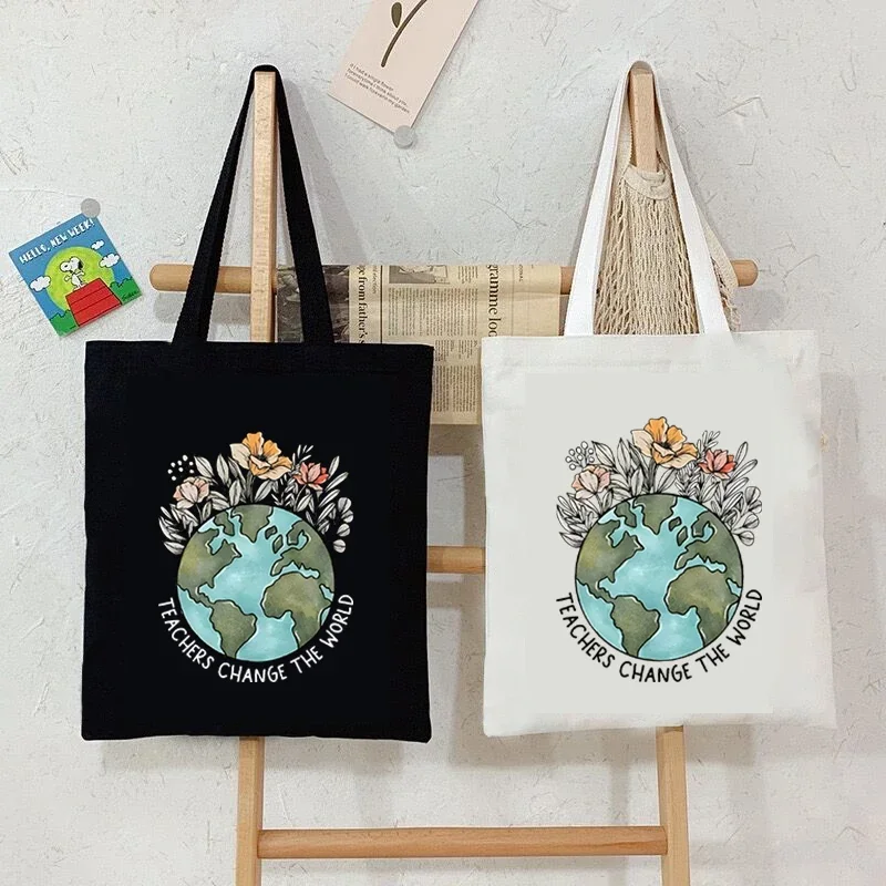 Teachers Change The World Print Handbags Women Casual Canvas Portable Shoulder Bag Earth Floral Style Teacher Best Gift Tote Bag