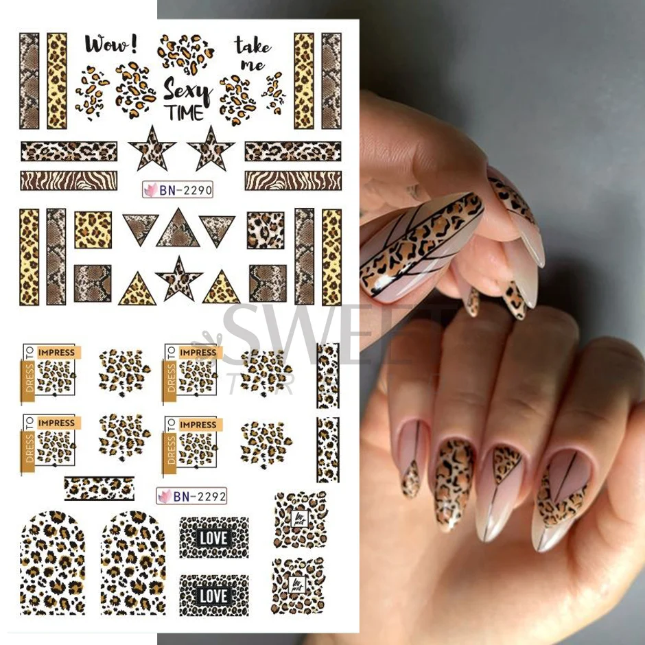 12pcs Animal Print Nail Art Design Wild Heart Love Leopard Snake Skin Slider Geometry Nail Stickers Water Manciure Tattoo SABN