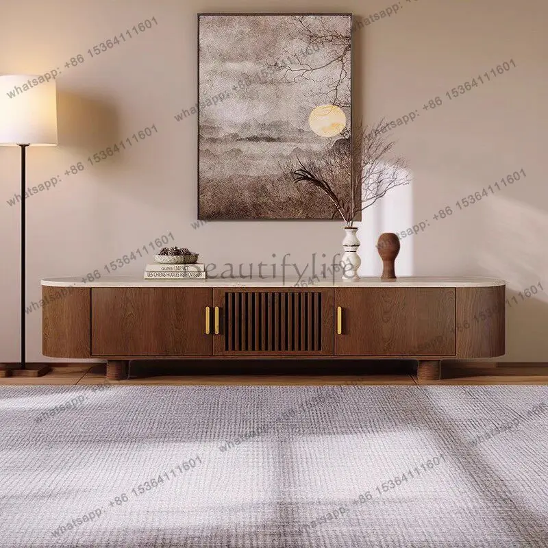 

Тумба для телевизора в стиле средневекового ваби-саби из натурального травертина и массива дерева, низкая напольная тумба для хранения.