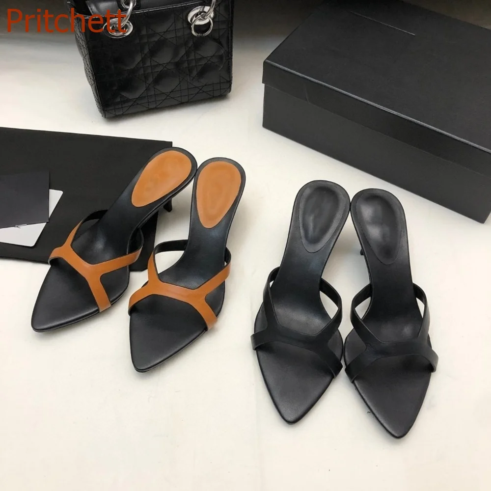 Pointed Toe Mixed Color Women Slippers Fashion Thick Heel Sexy Party Genuine Leather Niche Design Women Shoes 2023 New Arrivals