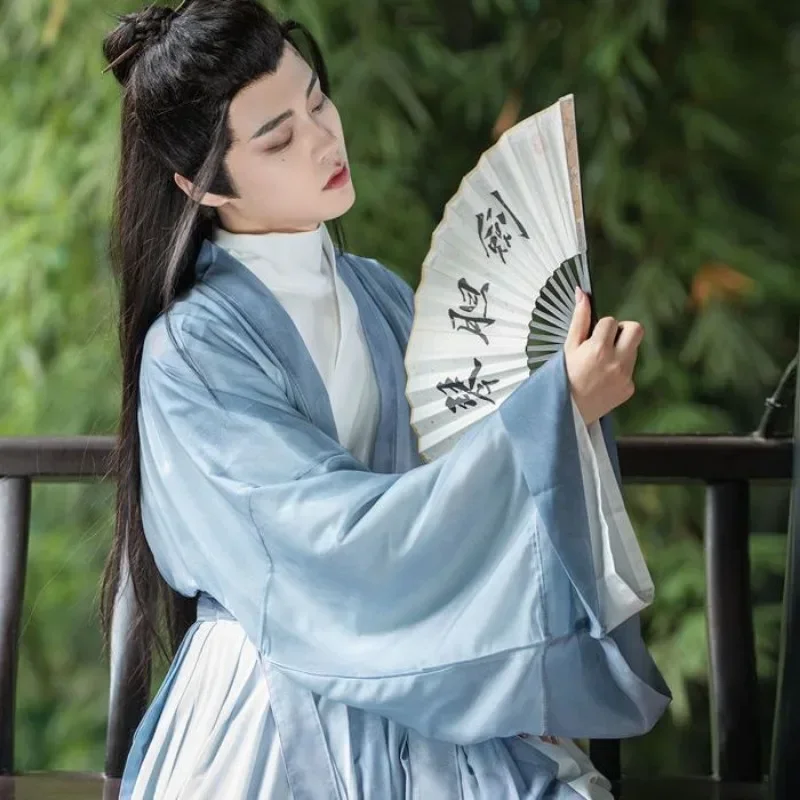 Robes Hanfu bleues chinoises pour hommes, robe à manches longues de la dynastie Jin, haut à col rond, jupe imprimée, vêtements pour hommes sans-abri, automne