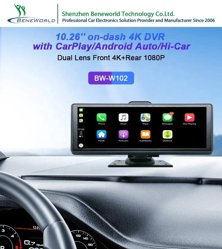 10.26 inch Carplay Android Auto Hi-Car BT FMT 5G Wifi G-sensor Car Dvr 24h Monitor Reversing Video Recording Dashcam with Gps