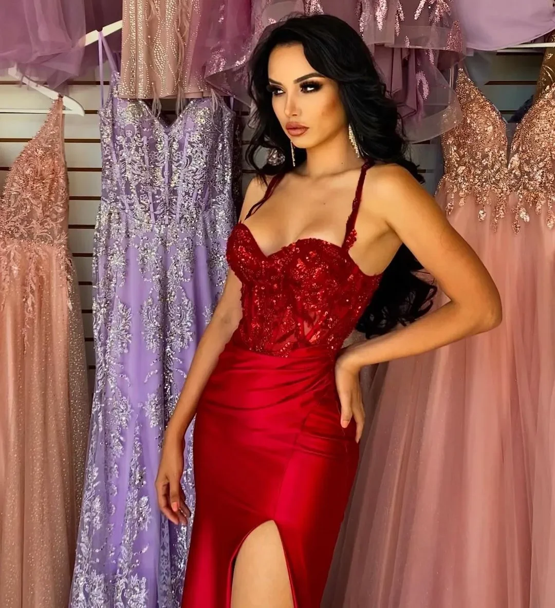 Robe de Bal de Forme Sirène pour Femme Noire, Rouge, Plissée, Paillettes, Fendue sur le Côté Haut, Tenue de Cérémonie, Concours, Deuxième Réception