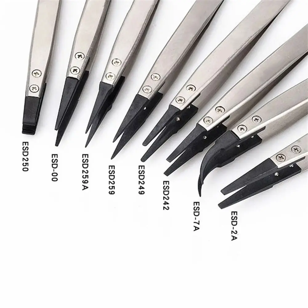 ESD Tweezers With Replaceable Tips Full Stainless Steel Body Carbon Fiber Conductive Plastic