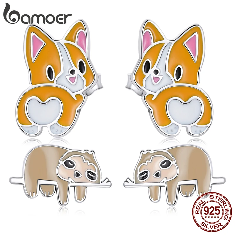 Bamoer New Cute Colorful Animal Earrings for Women Genuine 925 Sterling Silver Lovly Corgi Stud Earrings Creative Party Jewelry