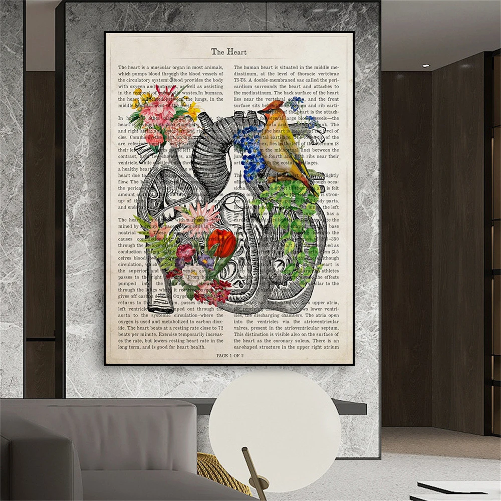 Heart with Flowers Anatomy Print Heart Poster Medicine Cardiology Art Canvas Painting Medical School Hospital Office Decoration