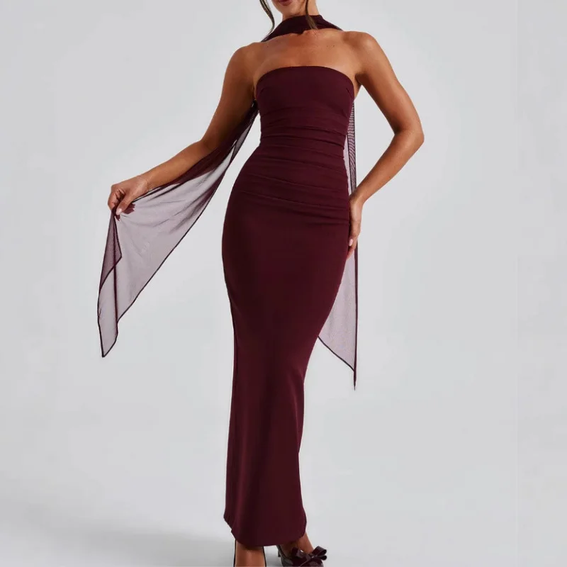 New2025Hot-Selling الخريف الشتاء وشاح حريري حمالة أنيقة Bodycon المرأة فستان طويل مع الشق الخلفي