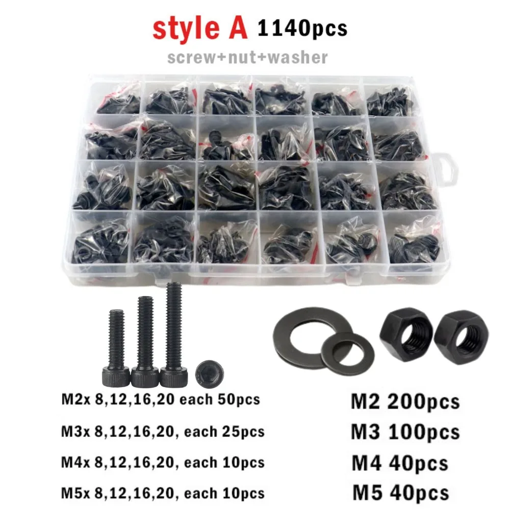 250-1140pcs M2 M2.5 M3 M4 M5 Black Grade 12.9 Steel Bolt Allen Hexagon Hex Socket Cap Head Screw Nut Set Assortment Kit DIN912