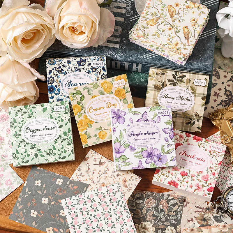 100pcs/lot Memo Pads Material Paper DIY Fragmented flowers Junk Journal Scrapbooking Cards Retro Background Decoration Paper